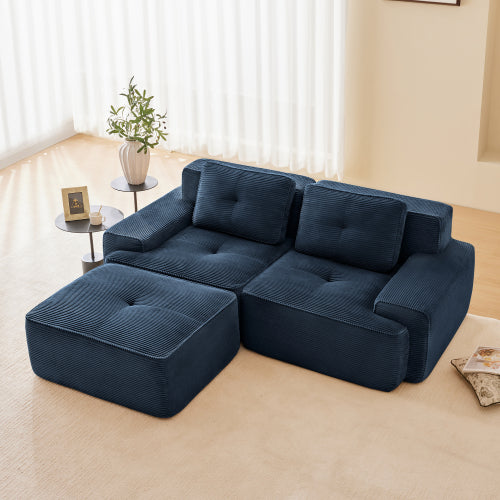 Modular Sectional Sofa for Living Room, Corduroy Fabric Deep Seat and Movable Ottoman, Pearl-like piping, Tufted Design, No Assembly