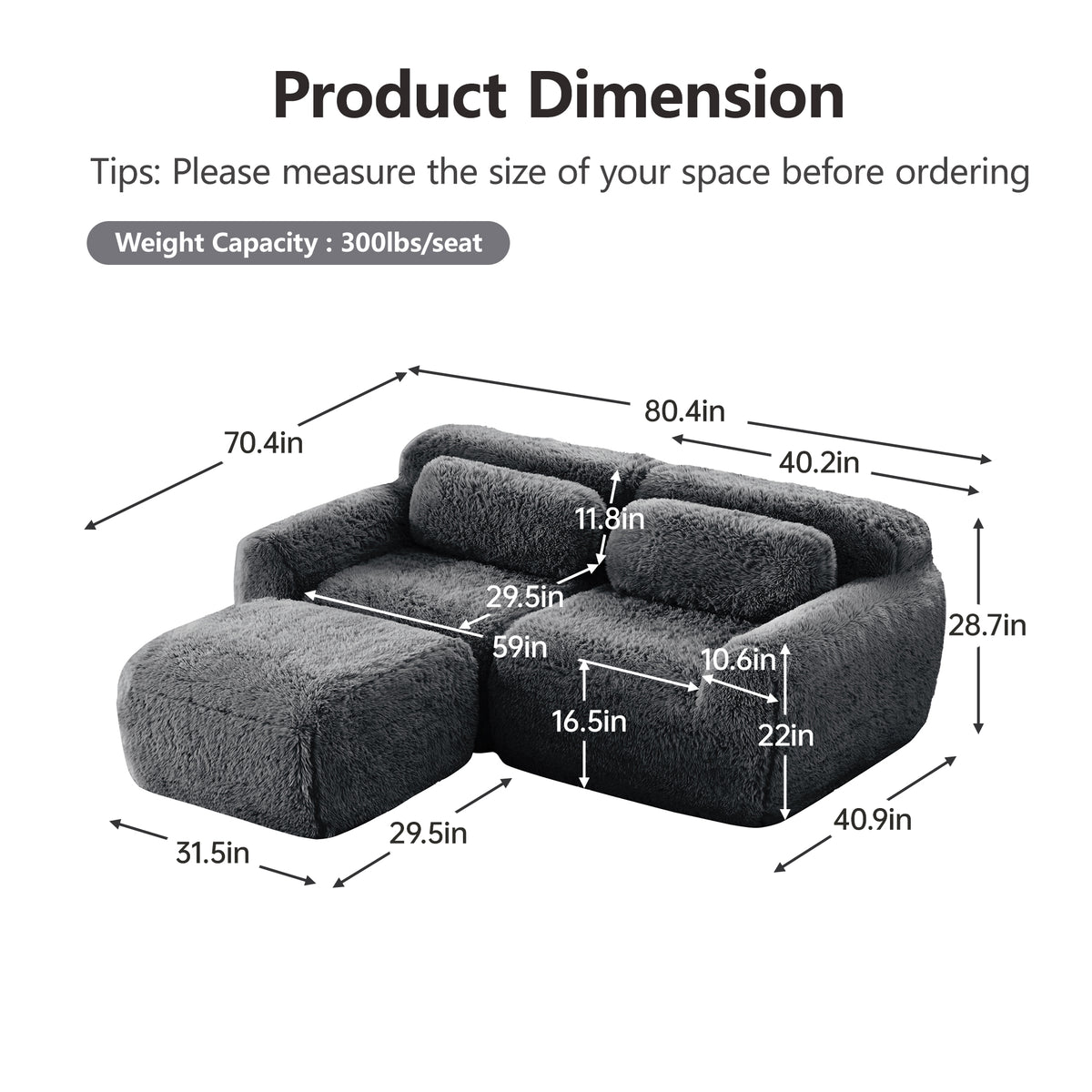 2-4 Seat Soft  Fluffy Plush Boneless Sofa – Modular Sectional with Throw Pillows, 32D High-Density Sponge, No Assembly, Anti-Slip Buckle Connection
