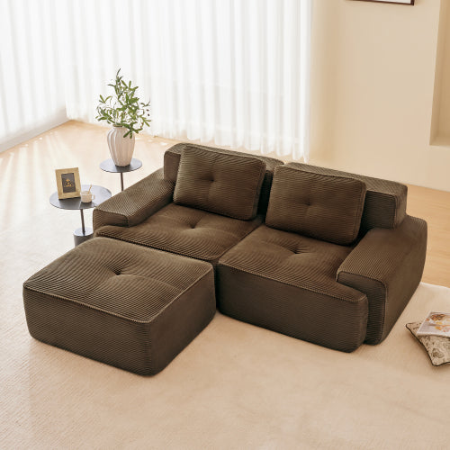 Modular Sectional Sofa for Living Room, Corduroy Fabric Deep Seat and Movable Ottoman, Pearl-like piping, Tufted Design, No Assembly