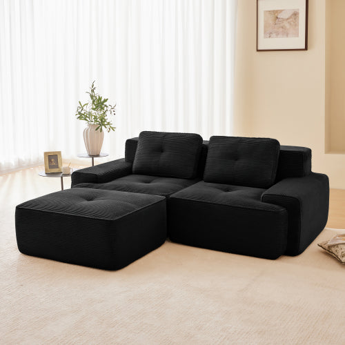 Modular Sectional Sofa for Living Room, Corduroy Fabric Deep Seat and Movable Ottoman, Pearl-like piping, Tufted Design, No Assembly