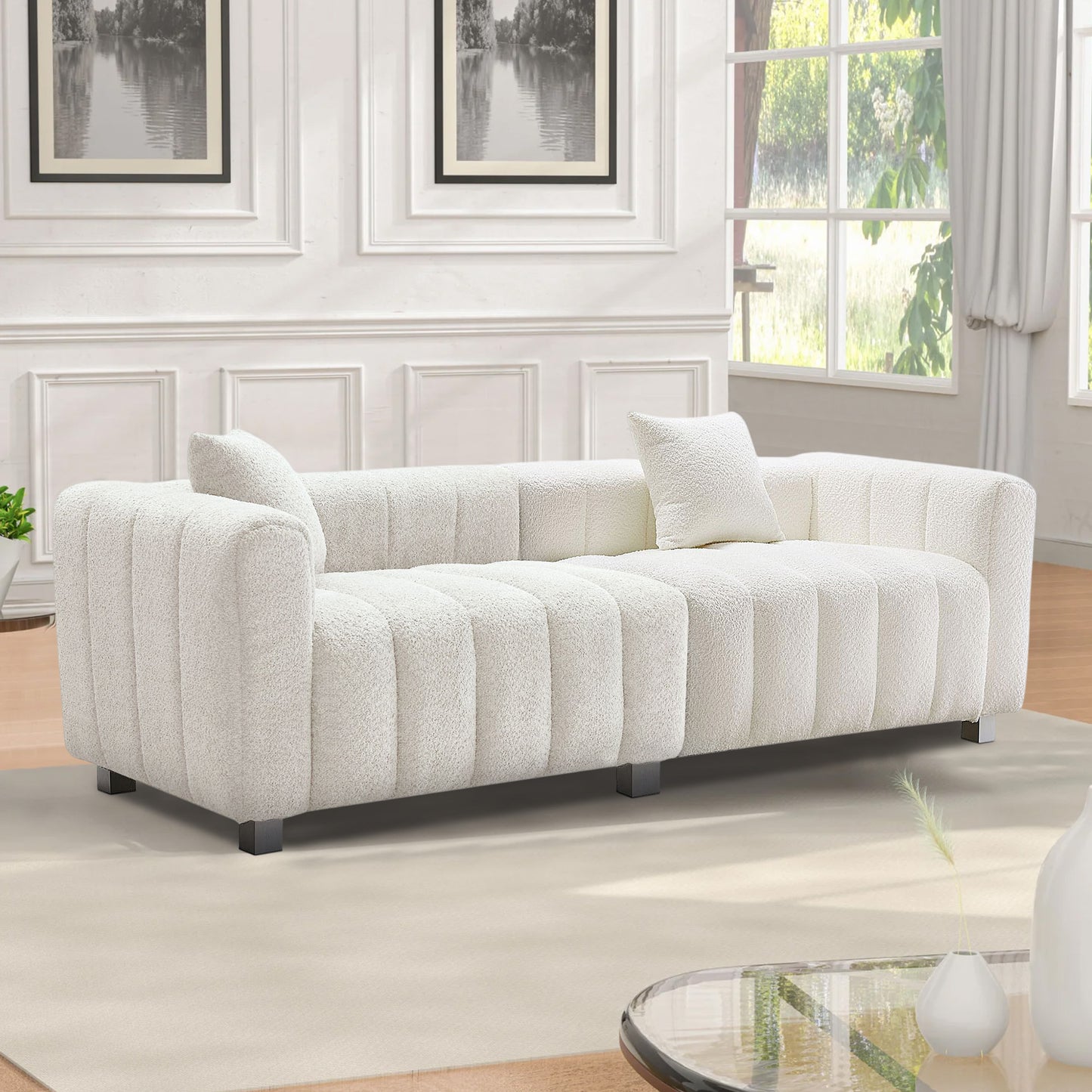 Premium Velvet Sofa 3-Seater Loveseat | Modern Bubble Upholstered Couch with Metal Base Legs + 2 Pillows – Modular Piano Design