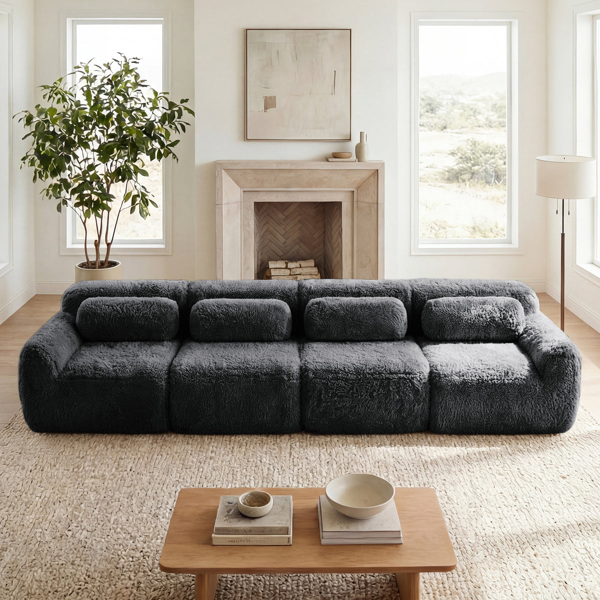 2-4 Seat Soft  Fluffy Plush Boneless Sofa – Modular Sectional with Throw Pillows, 32D High-Density Sponge, No Assembly, Anti-Slip Buckle Connection