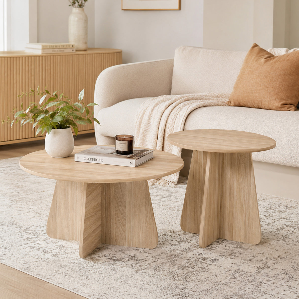 Retro-Style Nesting Coffee Table Set – Walnut or Natural Wood Finishes, Round Side Tables with Crisscross Legs