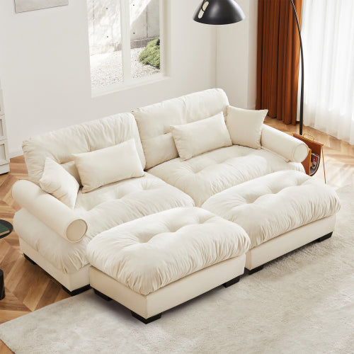 Deep Seat Cloud Couch in Cream: Modular Velvet Sectional with Bolstered Armrests 2-3-4 seats