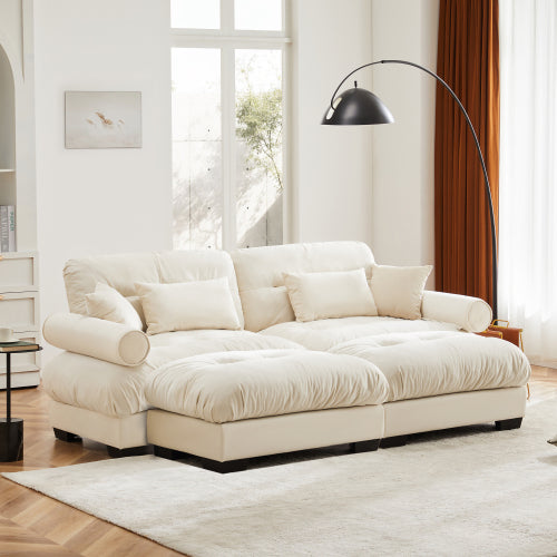 Deep Seat Cloud Couch in Cream: Modular Velvet Sectional with Bolstered Armrests 2-3-4 seats