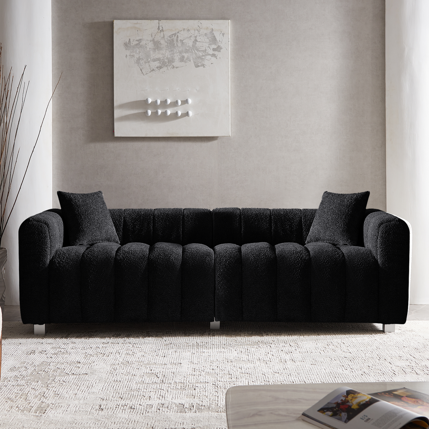 Premium Velvet Sofa 3-Seater Loveseat | Modern Bubble Upholstered Couch with Metal Base Legs + 2 Pillows – Modular Piano Design