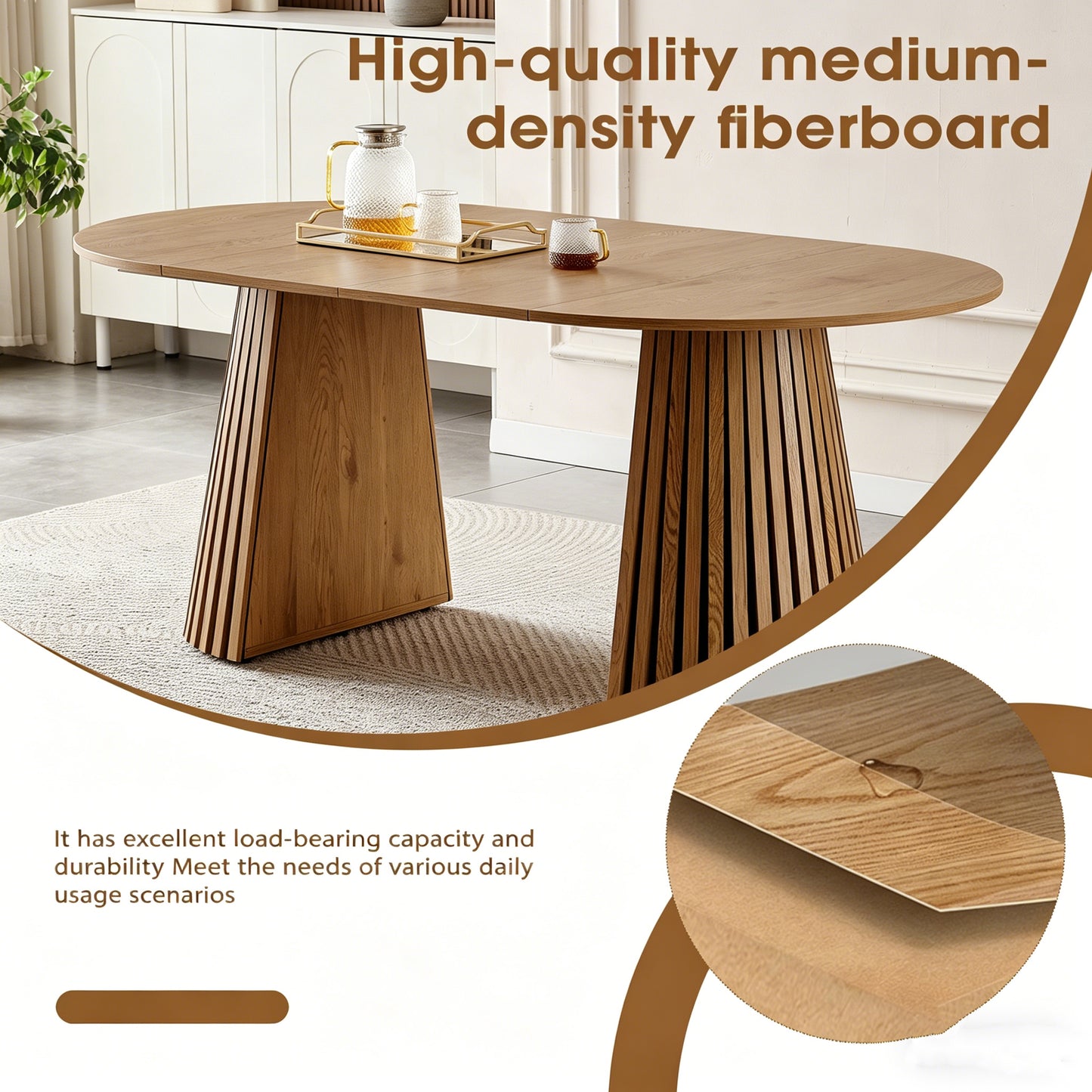 Wooden Dining Table | Flexible And Extendable with Slatted Table Legs – Oval Expandable Table for 4- 6, MDF+Wood