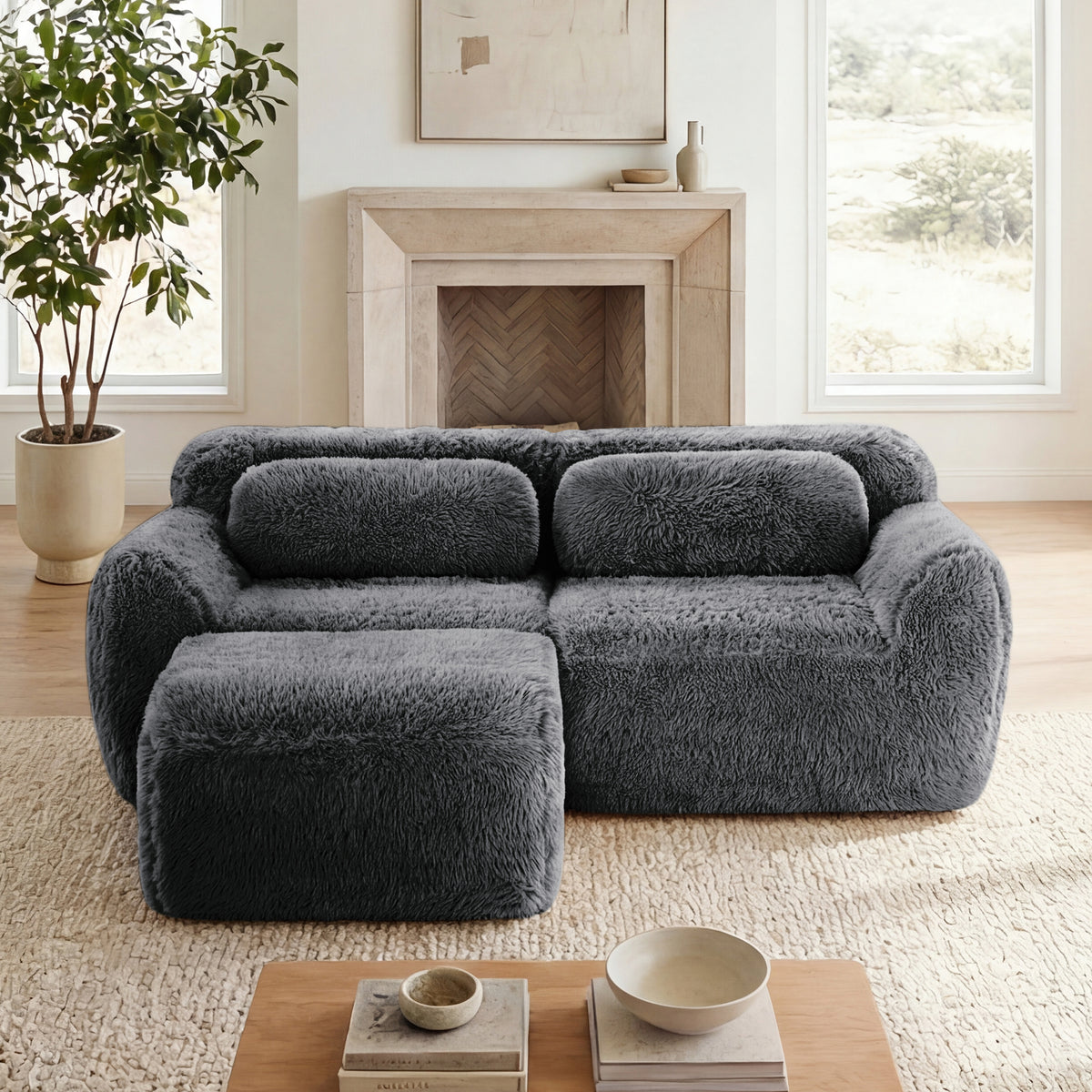 2-4 Seat Soft  Fluffy Plush Boneless Sofa – Modular Sectional with Throw Pillows, 32D High-Density Sponge, No Assembly, Anti-Slip Buckle Connection