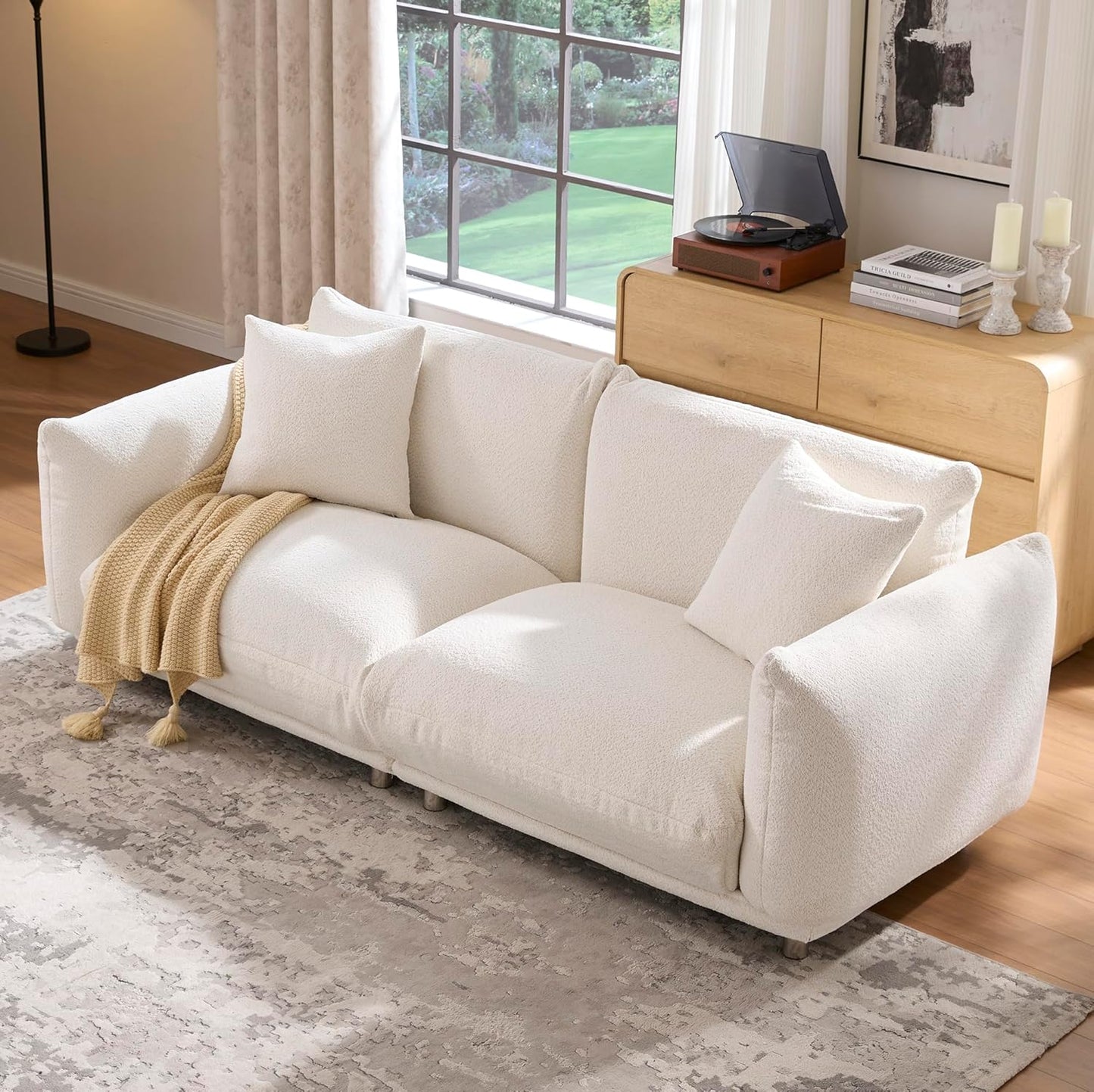 Upholstered 3-Seater Loveseat Sofa | Modern Boucle Couch with 2 Pillows – High-Density Foam, Solid Wood Frame, Metal Legs for Living Room, Apartment