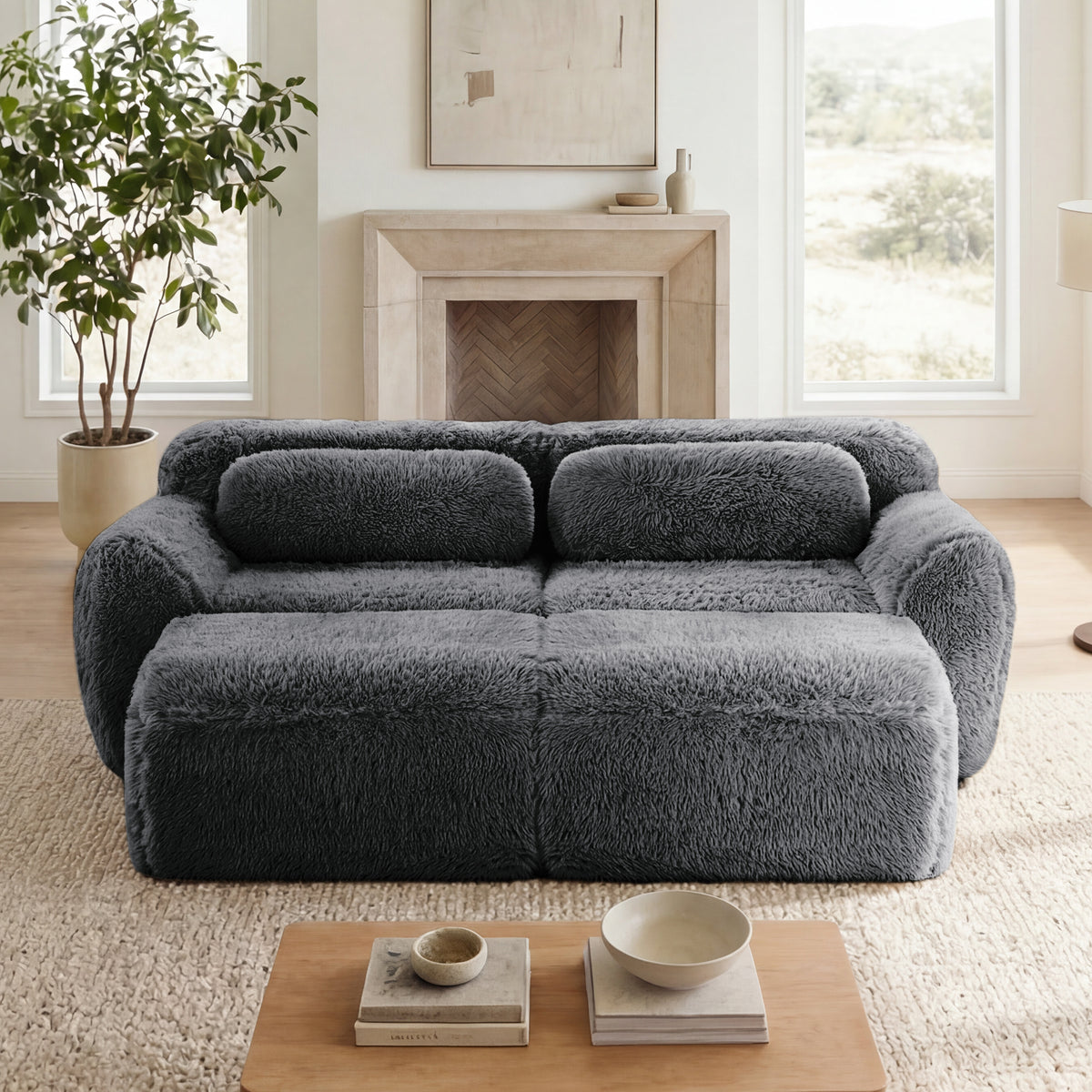 2-4 Seat Soft  Fluffy Plush Boneless Sofa – Modular Sectional with Throw Pillows, 32D High-Density Sponge, No Assembly, Anti-Slip Buckle Connection