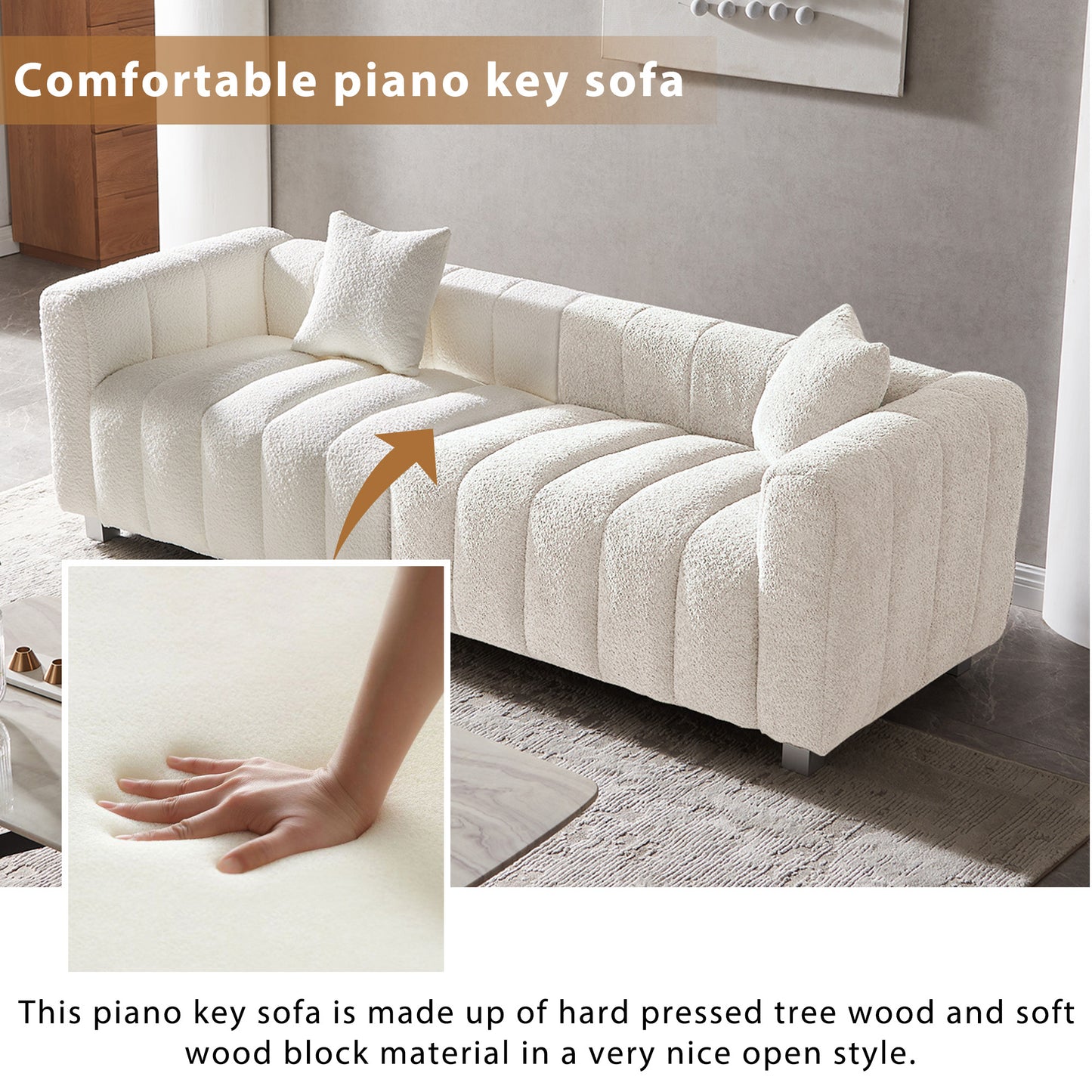 Premium Velvet Sofa 3-Seater Loveseat | Modern Bubble Upholstered Couch with Metal Base Legs + 2 Pillows – Modular Piano Design