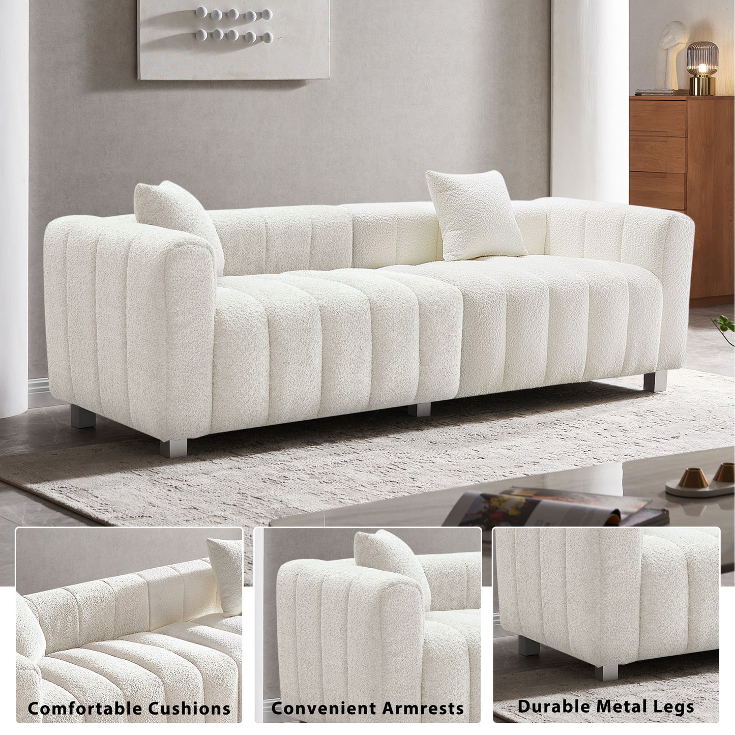 Premium Velvet Sofa 3-Seater Loveseat | Modern Bubble Upholstered Couch with Metal Base Legs + 2 Pillows – Modular Piano Design