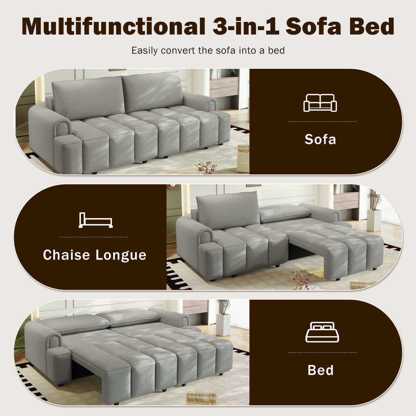 4-Seater Modern Teddy Fabric Couch with Seats Storage, King Size 3-in-1 Convertible Sleeper Sofa Bed