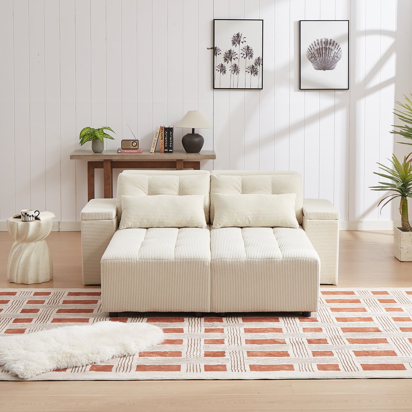 Corduroy Convertible 3 in 1 Sleeper Sofa and Sectional Sofa with 4 Storage Space With 4 pillows