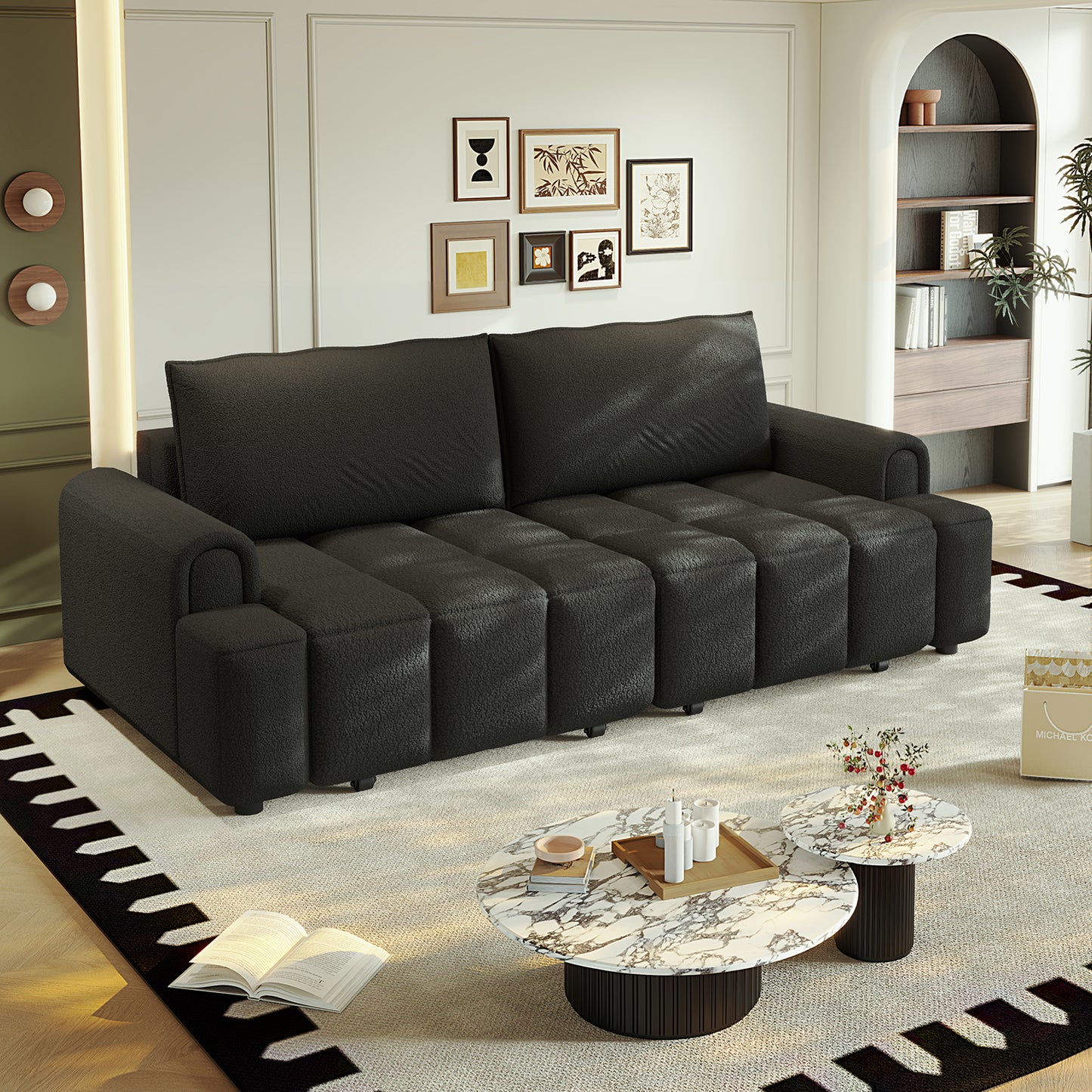 4-Seater Modern Teddy Fabric Couch with Seats Storage, King Size 3-in-1 Convertible Sleeper Sofa Bed