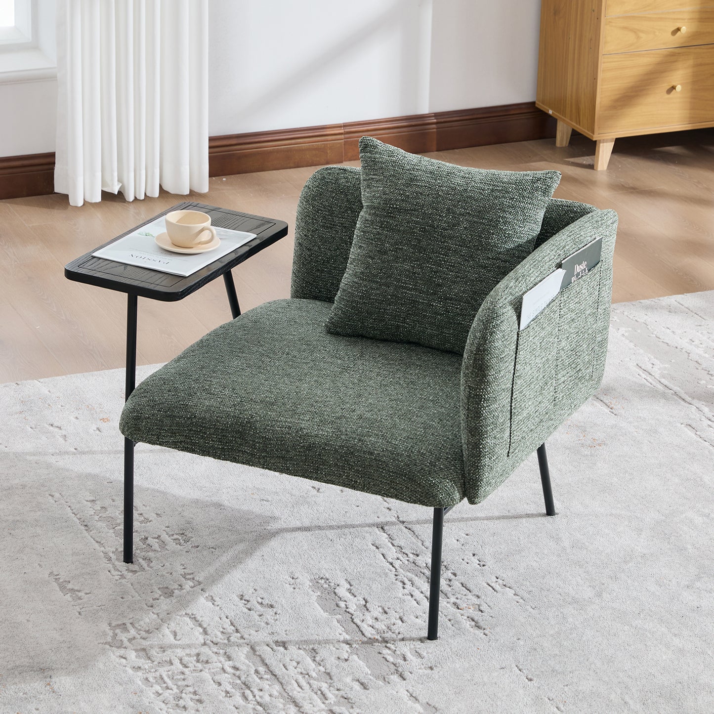 Lounge Relaxing Chair with Small Table and Back Pillow | Modern Upholstered Chair, Metal Legs, Side Pockets – 6 Colors