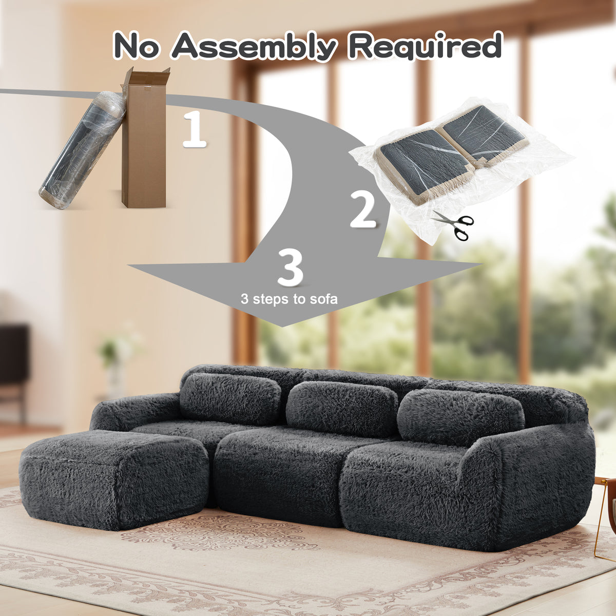 2-4 Seat Soft  Fluffy Plush Boneless Sofa – Modular Sectional with Throw Pillows, 32D High-Density Sponge, No Assembly, Anti-Slip Buckle Connection