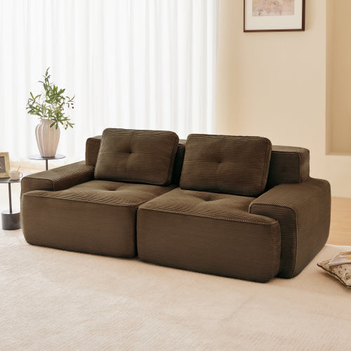 Modular Sectional Sofa for Living Room, Corduroy Fabric Deep Seat and Movable Ottoman, Pearl-like piping, Tufted Design, No Assembly