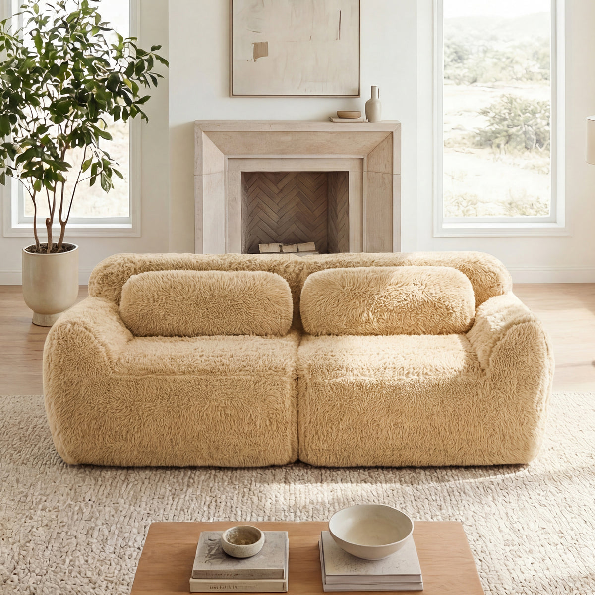 2-4 Seat Soft  Fluffy Plush Boneless Sofa – Modular Sectional with Throw Pillows, 32D High-Density Sponge, No Assembly, Anti-Slip Buckle Connection