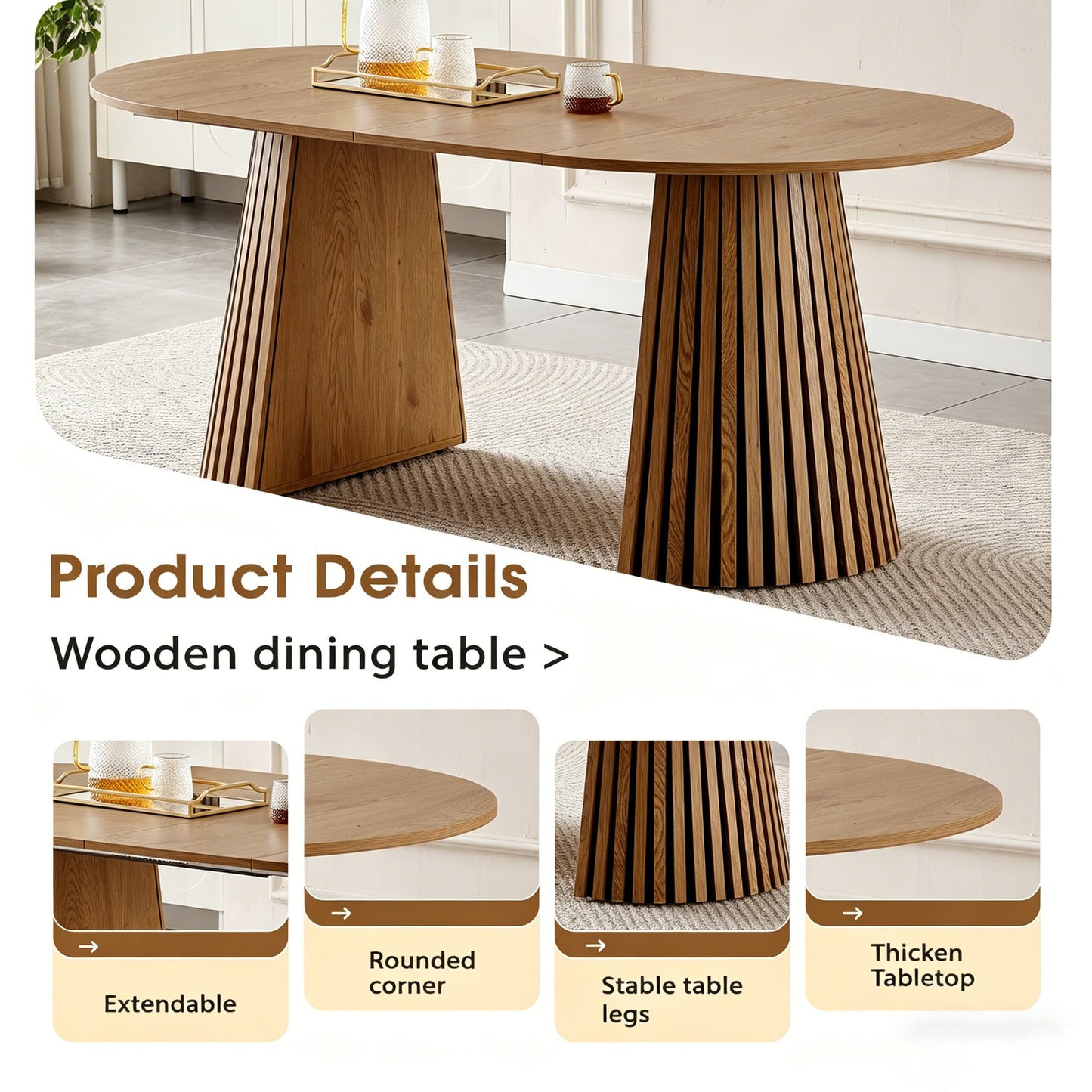 Wooden Dining Table | Flexible And Extendable with Slatted Table Legs – Oval Expandable Table for 4- 6, MDF+Wood