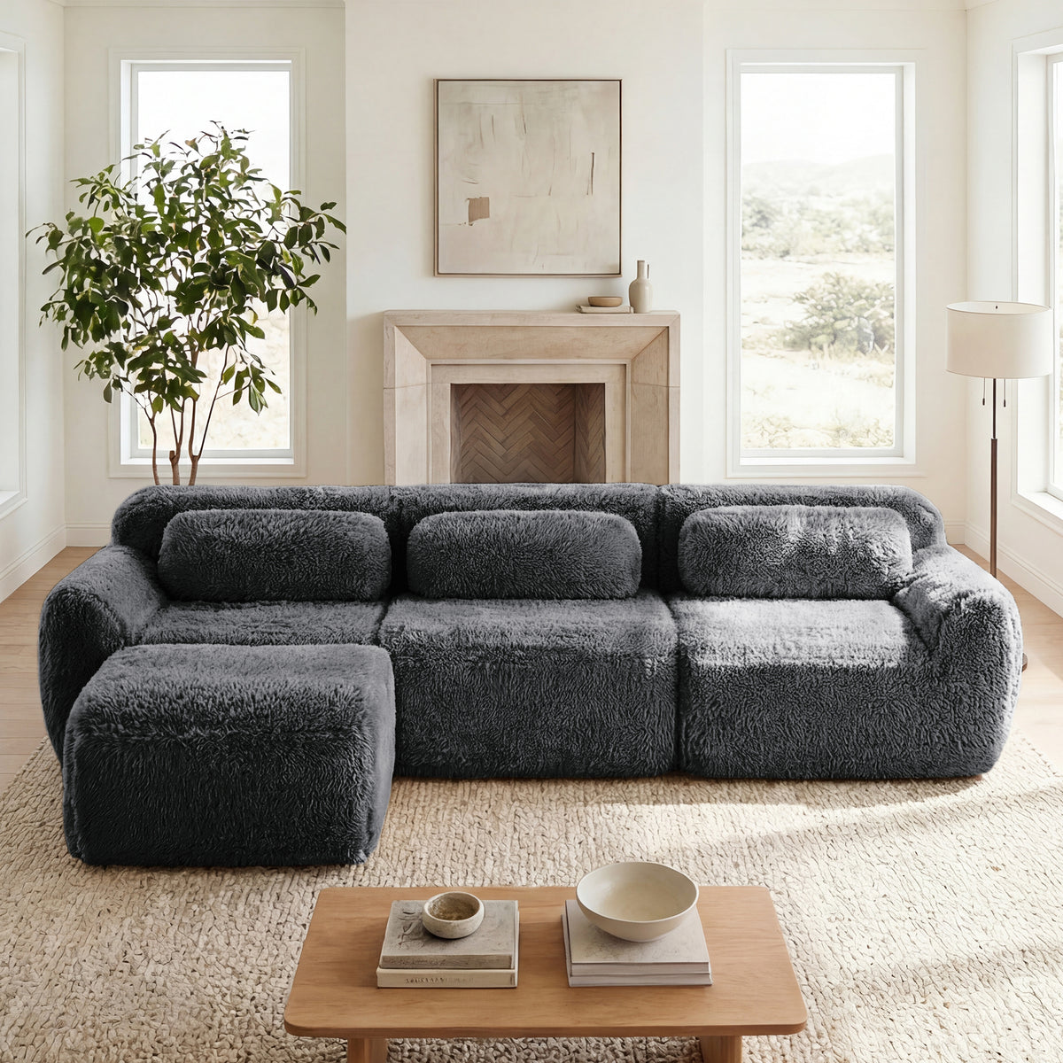 2-4 Seat Soft  Fluffy Plush Boneless Sofa – Modular Sectional with Throw Pillows, 32D High-Density Sponge, No Assembly, Anti-Slip Buckle Connection
