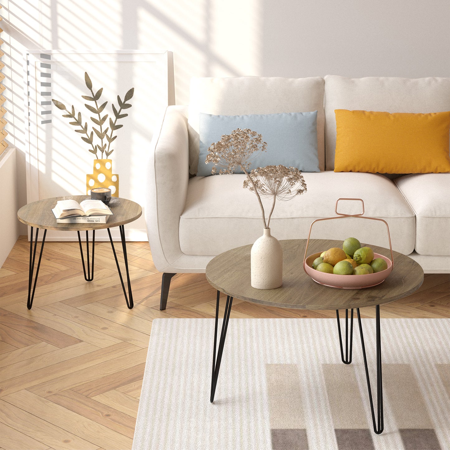 2 - Piece 27.56'' Round Nesting Coffee Table Set: Wooden Top, Sturdy Metal Base for Living & Bedroom