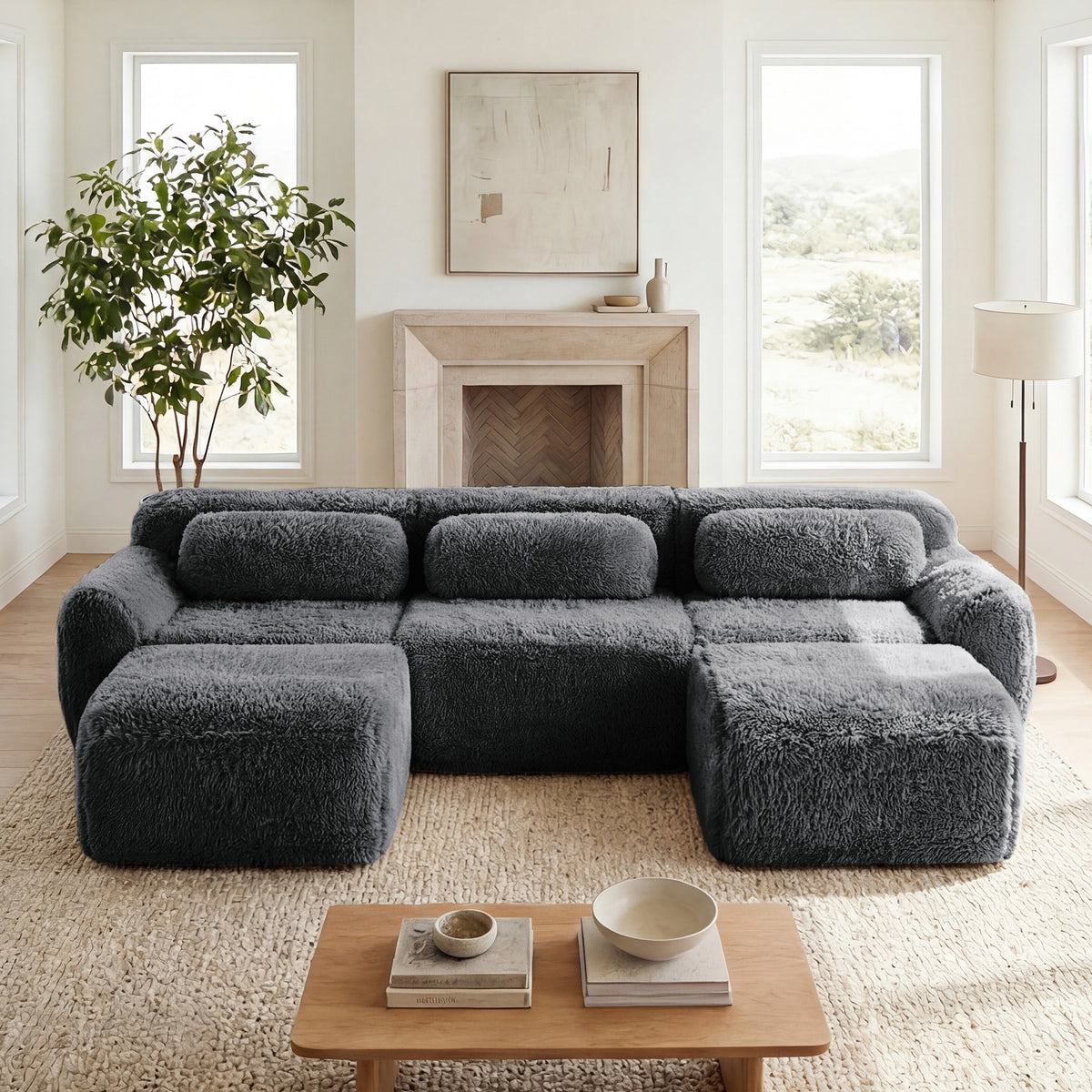2-4 Seat Soft  Fluffy Plush Boneless Sofa – Modular Sectional with Throw Pillows, 32D High-Density Sponge, No Assembly, Anti-Slip Buckle Connection