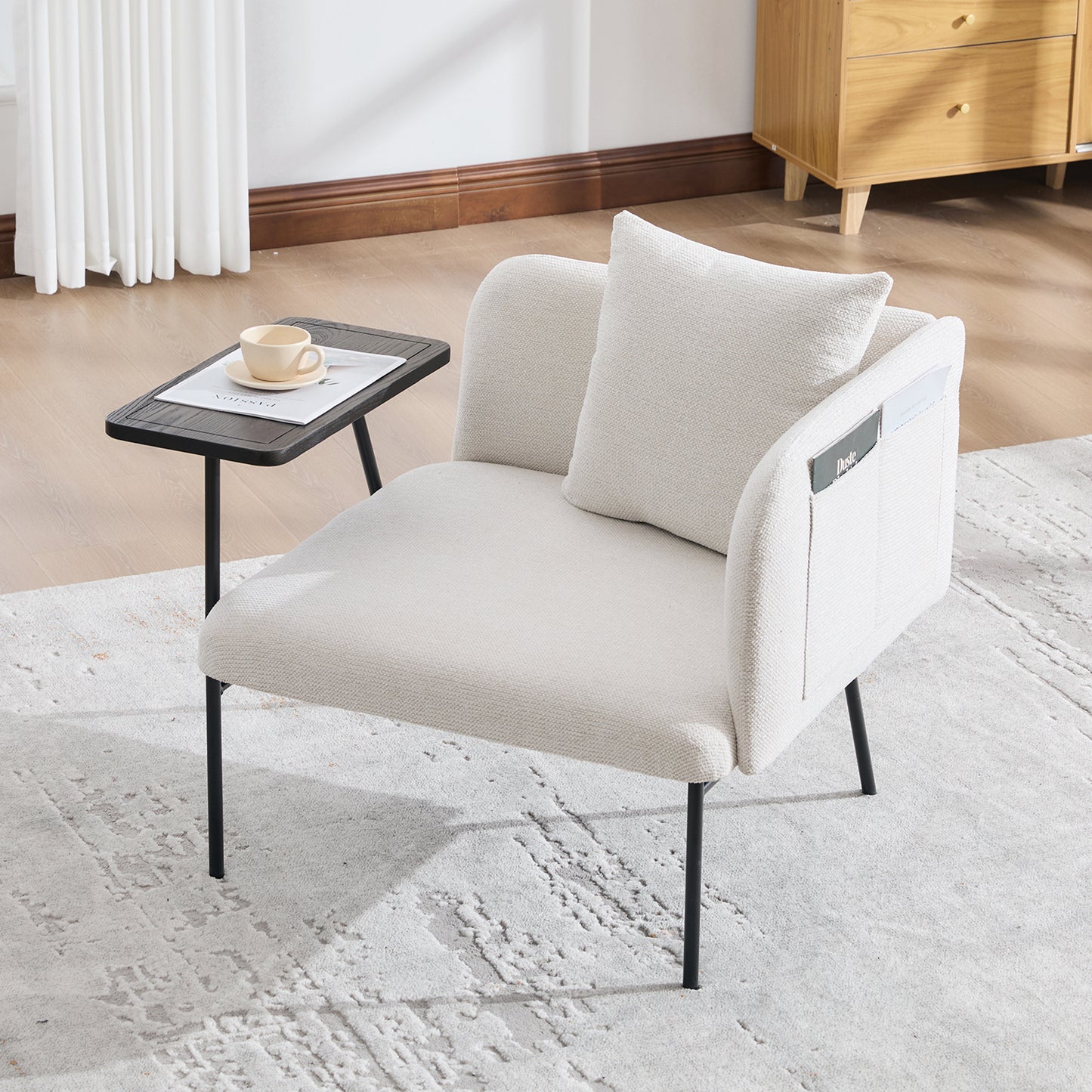 Lounge Relaxing Chair with Small Table and Back Pillow | Modern Upholstered Chair, Metal Legs, Side Pockets – 6 Colors