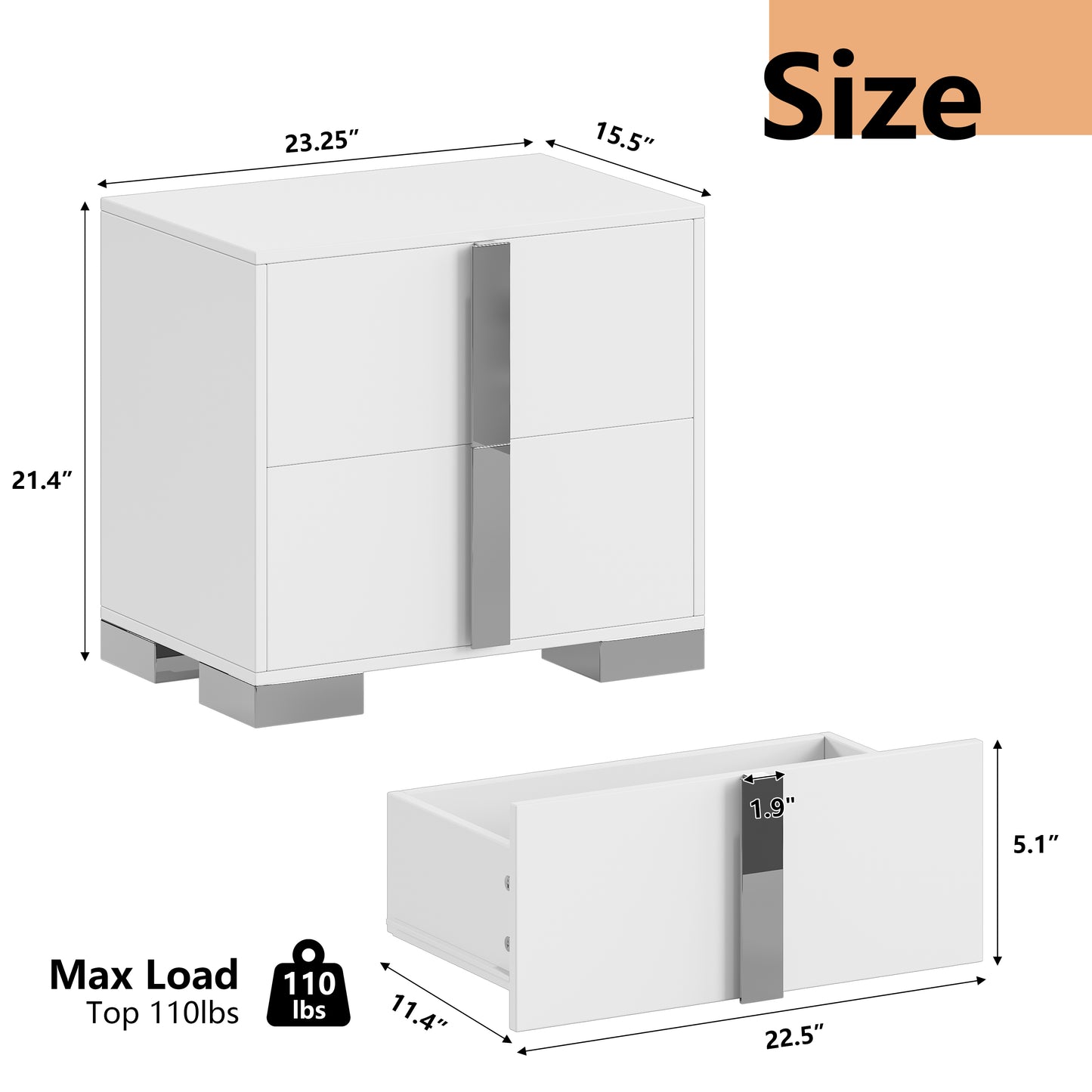 Nightstand with Metal Foot &amp; Mirrored Metal Handles | 2-Drawer Wood Bedside Table – White/Grey/Black, Silent Slides