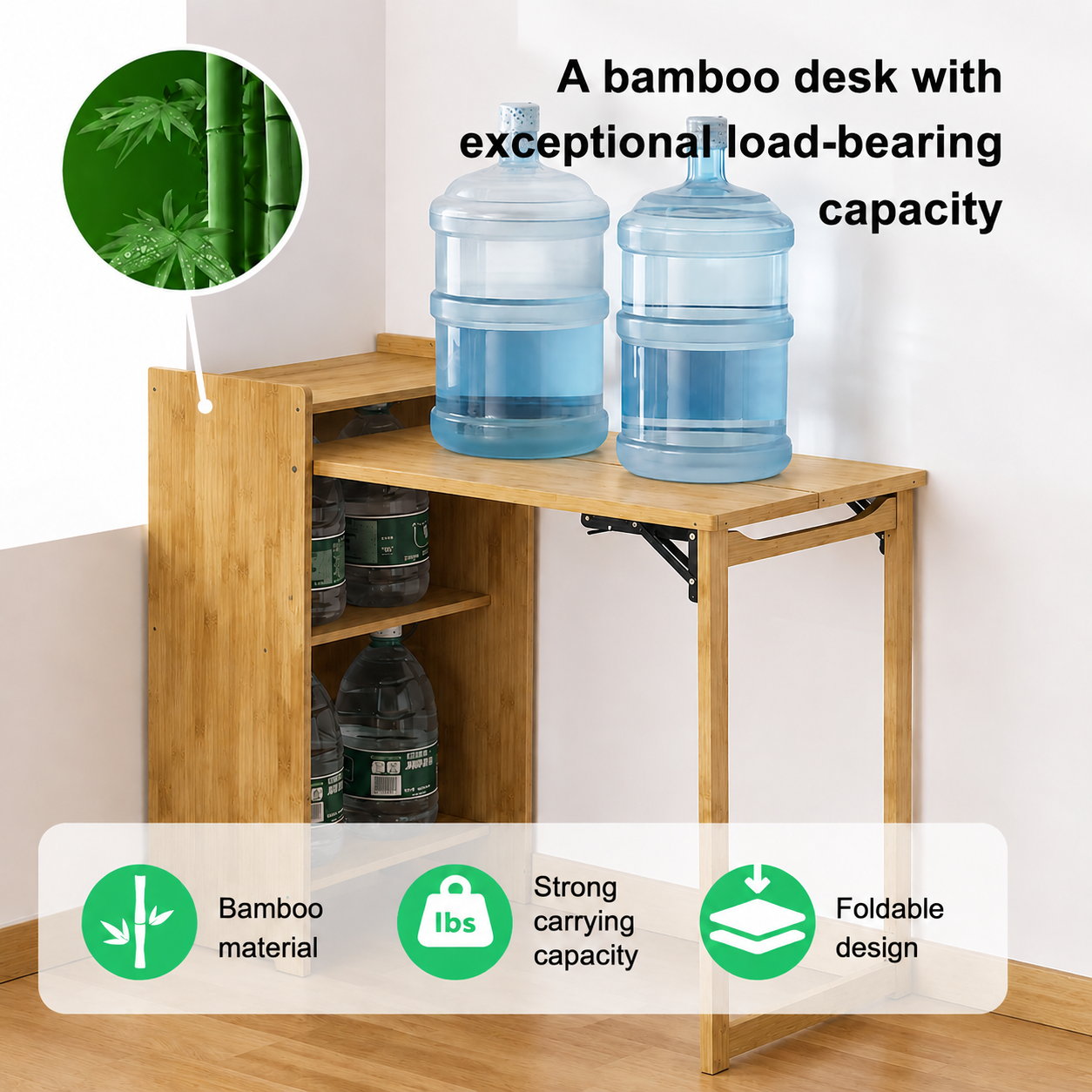 Foldable Desk Computer Desk with Hidden Storage for Small Space | Bamboo Folding Table – Natural/Walnut