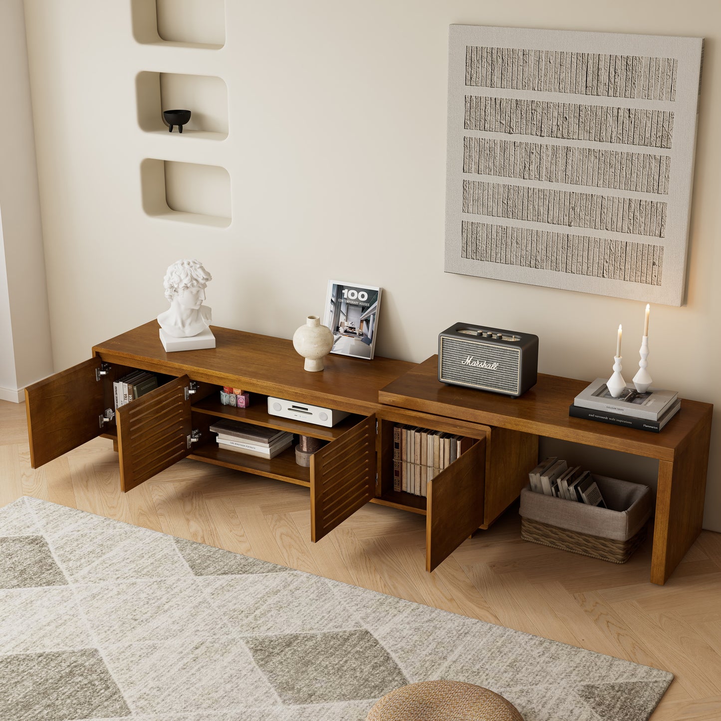 63" Mid - Century Modern Extendable TV Stand: Fits TVs up to 75", Ideal for Living Room Media Console