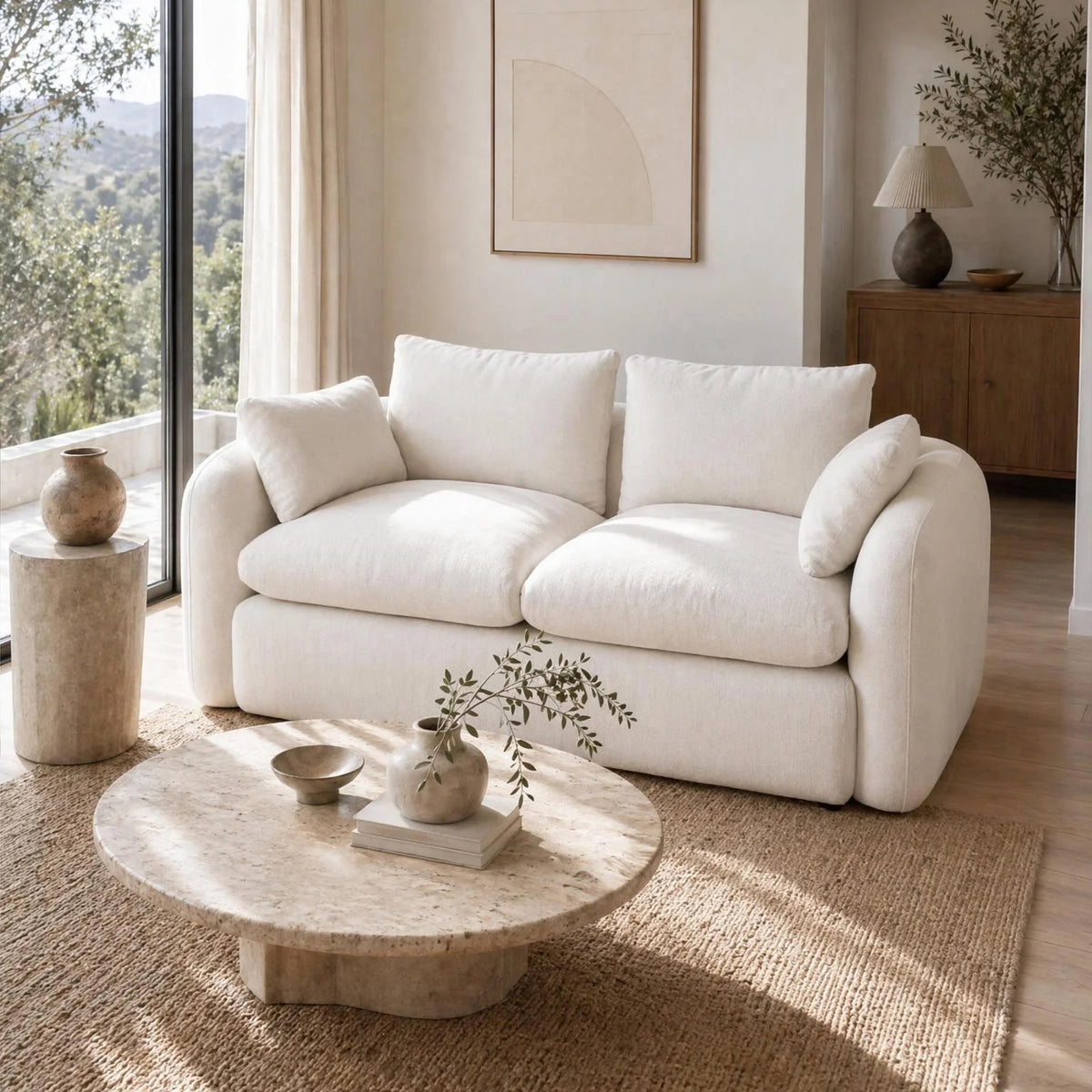 Fully Sponge Compressed Sectional Sofa – High Resilience Foam, White Chenille, Modular Loveseat/ L-Shaped Sofa