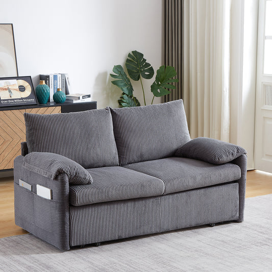 Sleeper Sofa Bed 3-in-1 Adjustable Sleeper with Pullout Bed, 2 Pillows and Side Pockets – Corduroy Loveseat