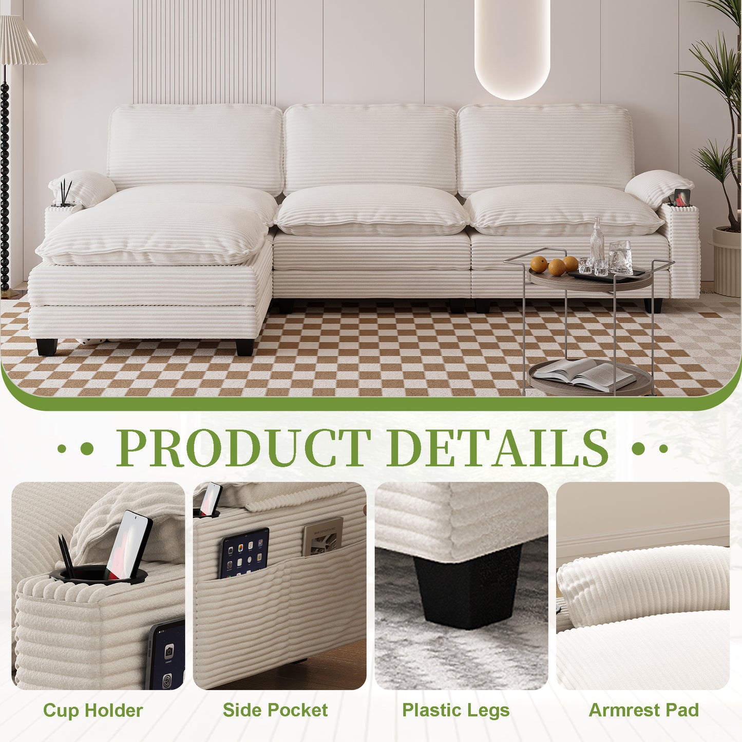 Modern 3+1 L-Shaped Corduroy Fabric Sofa – Modular Sectional Cloud Couch w/Ottoman, 35D Sponge, Cup Holders &amp; Storage