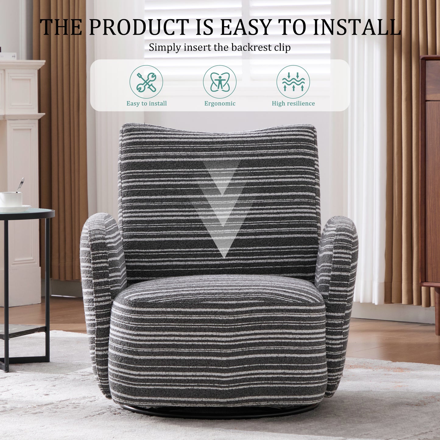 Swivel Leisure Chair | Fabric Striped Armrest Swivel Chair with Sand-Rimmed Fabric Metal Bracket – Boucle