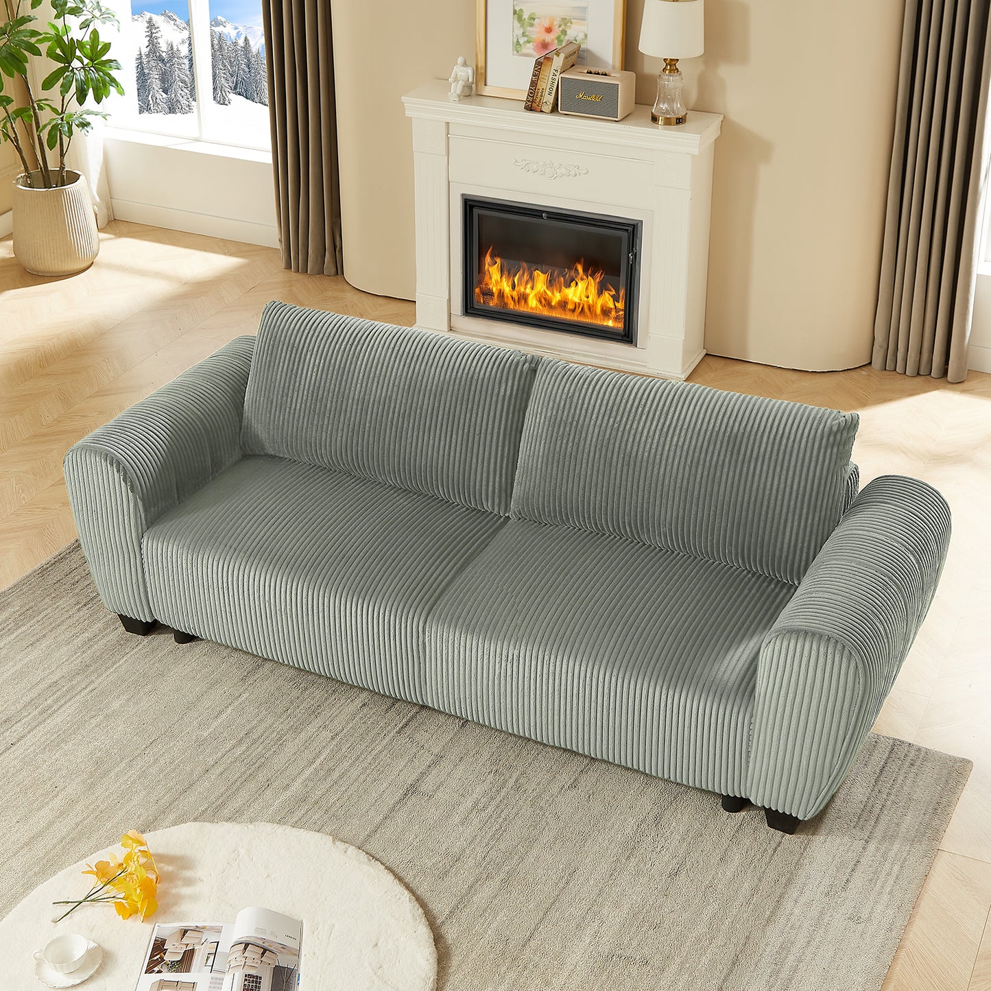 Corduroy Upholstered 3 Seat Sofa Couch,2-in-1 Convertible Sleeper Sofa