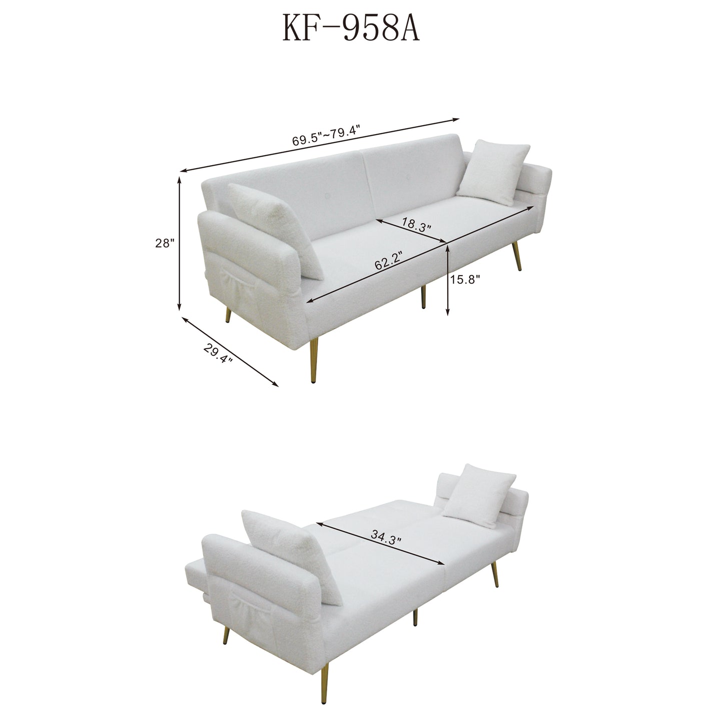 Folding Sleeper Sofa Bed with Foldable Armrest, Adjustable Backrest &amp; Golden Metal Legs – 3-in-1 Futon Loveseat for Living Room (Grey/Dark Blue)