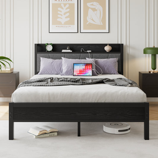 Solid Bed Frame - Headboard with Charging, Easy Assembly