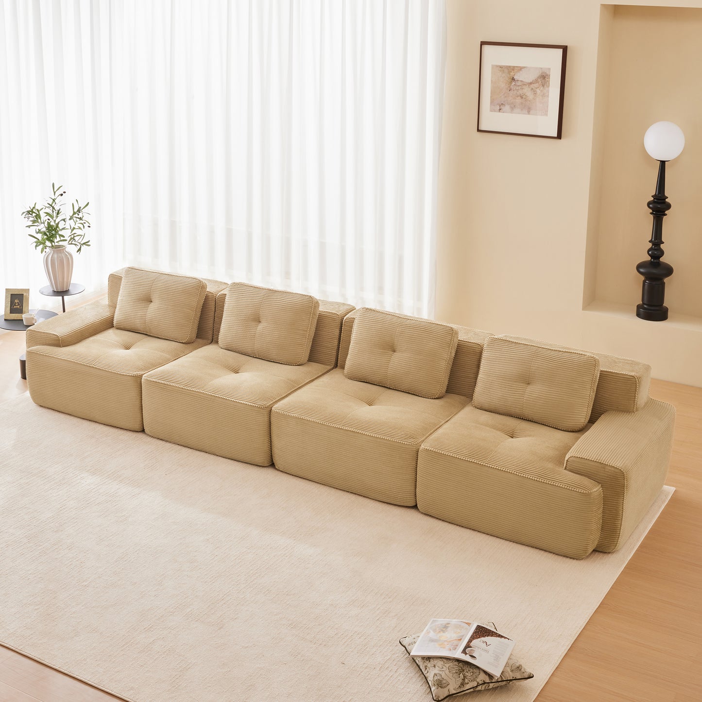 Modular Sectional Sofa for Living Room, Corduroy Fabric Deep Seat and Movable Ottoman, Pearl-like piping, Tufted Design, No Assembly