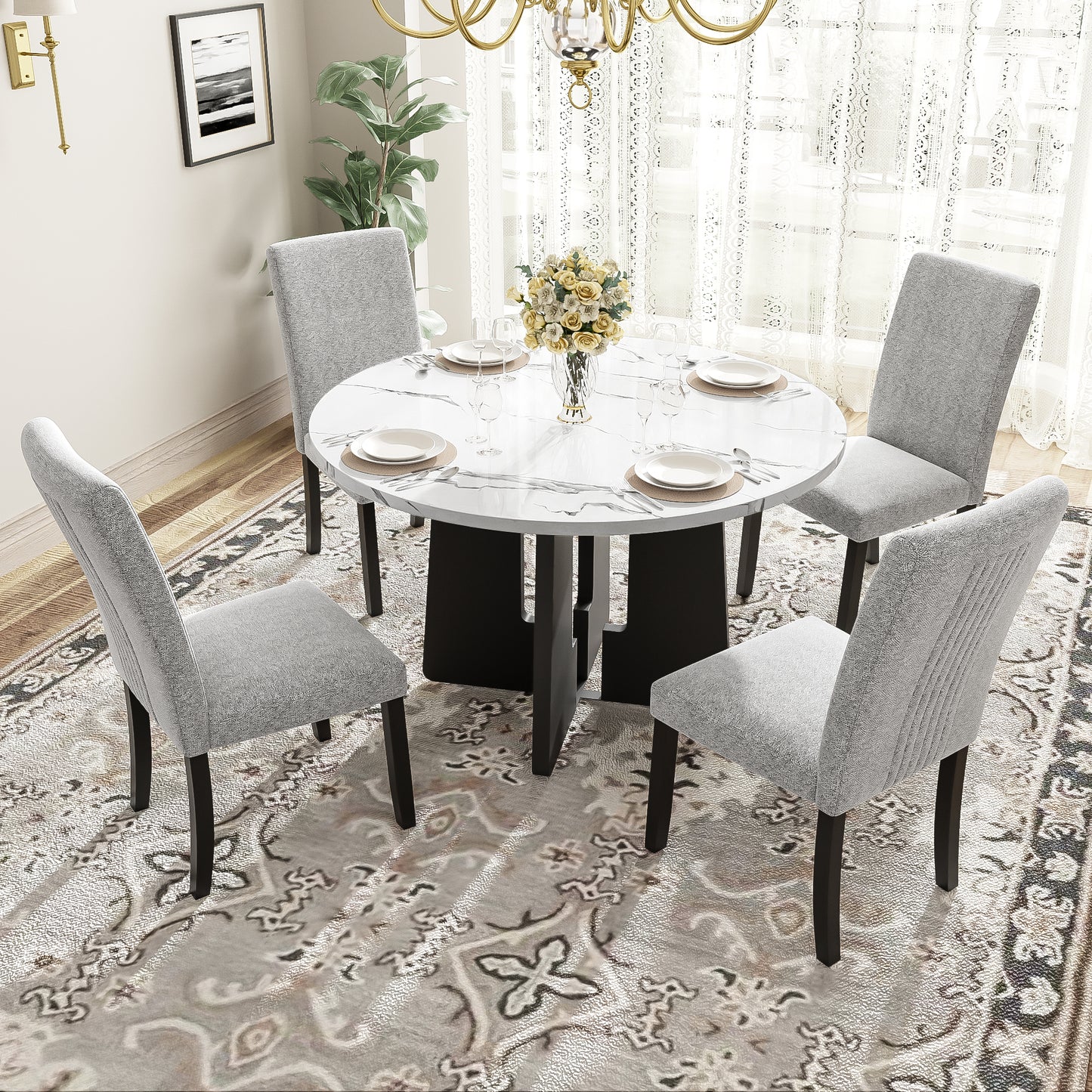 5 - Piece Round Dining Table Set: 43 - Inch Modern Table with 4 Upholstered Chairs, Easy Assembly for Dining Room