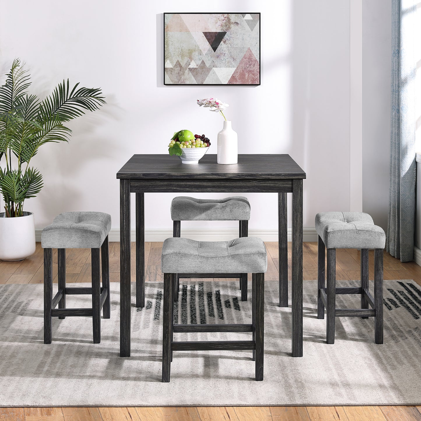 5-Piece Dining Table Set | Industrial Square Table + 4 Bar Stools – Black/Gray/Brown, Space-Saving, Easy Assembly
