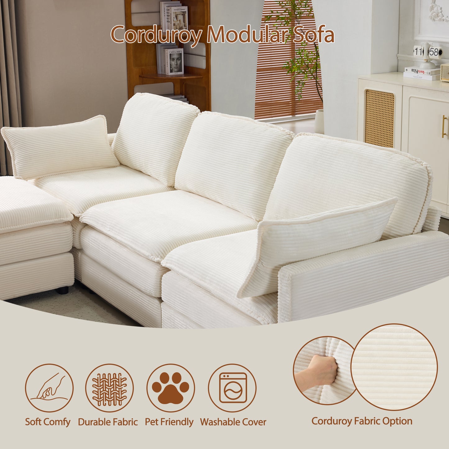 Modular Sectional Sofa 1-2-3-4 Seater with Chenille Cushions & Throw Pillows – Cloud Comfort Corduroy Sofa