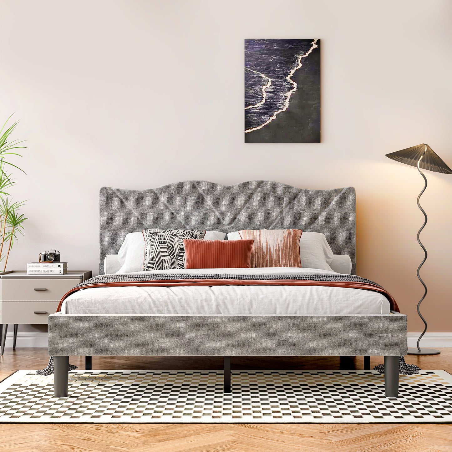 Modern Platform Bed Frame with Upholstered Headboard and Wooden Slats - Skip Box Spring, Easy Assembly