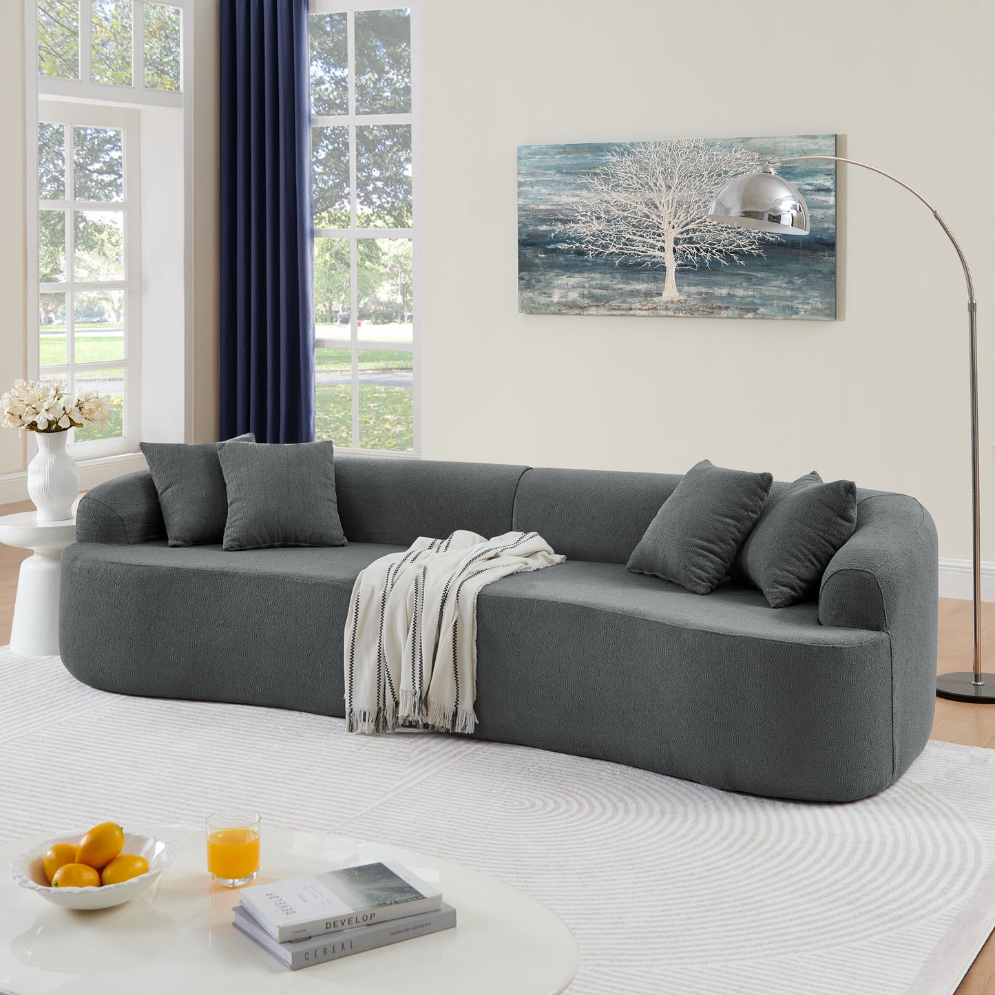 Curved Modular Sectional Sofa in Lamb's Wool Fabric, Modern Minimalist Style, Compressed (No Assembly Required)