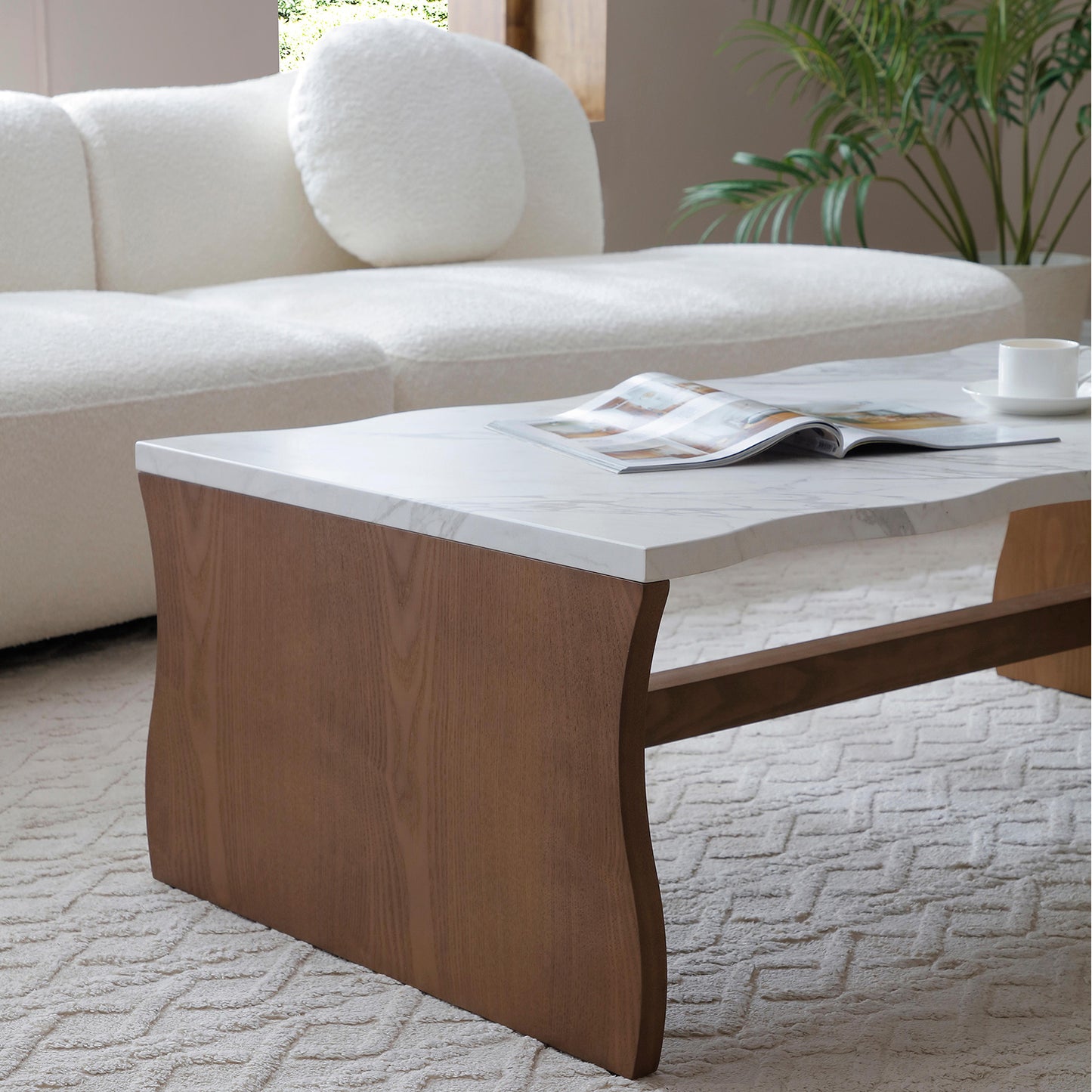 Modern Faux Marble Coffee Table  End Table Set | White Marble Top, Solid Wood Veneered Base – Flowing Wave Design, Natural/Walnut