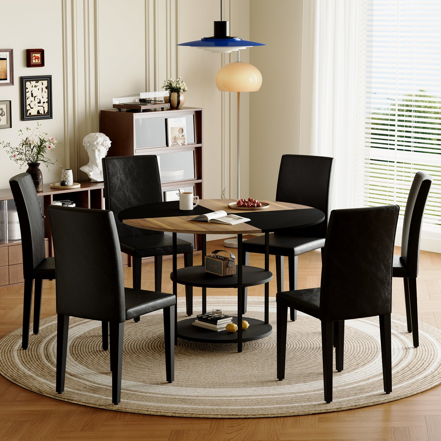 47.3 - Inch Spliced - Color Circular Dining Table Set: 4-6 Black PU Chairs, Double - Layer Storage