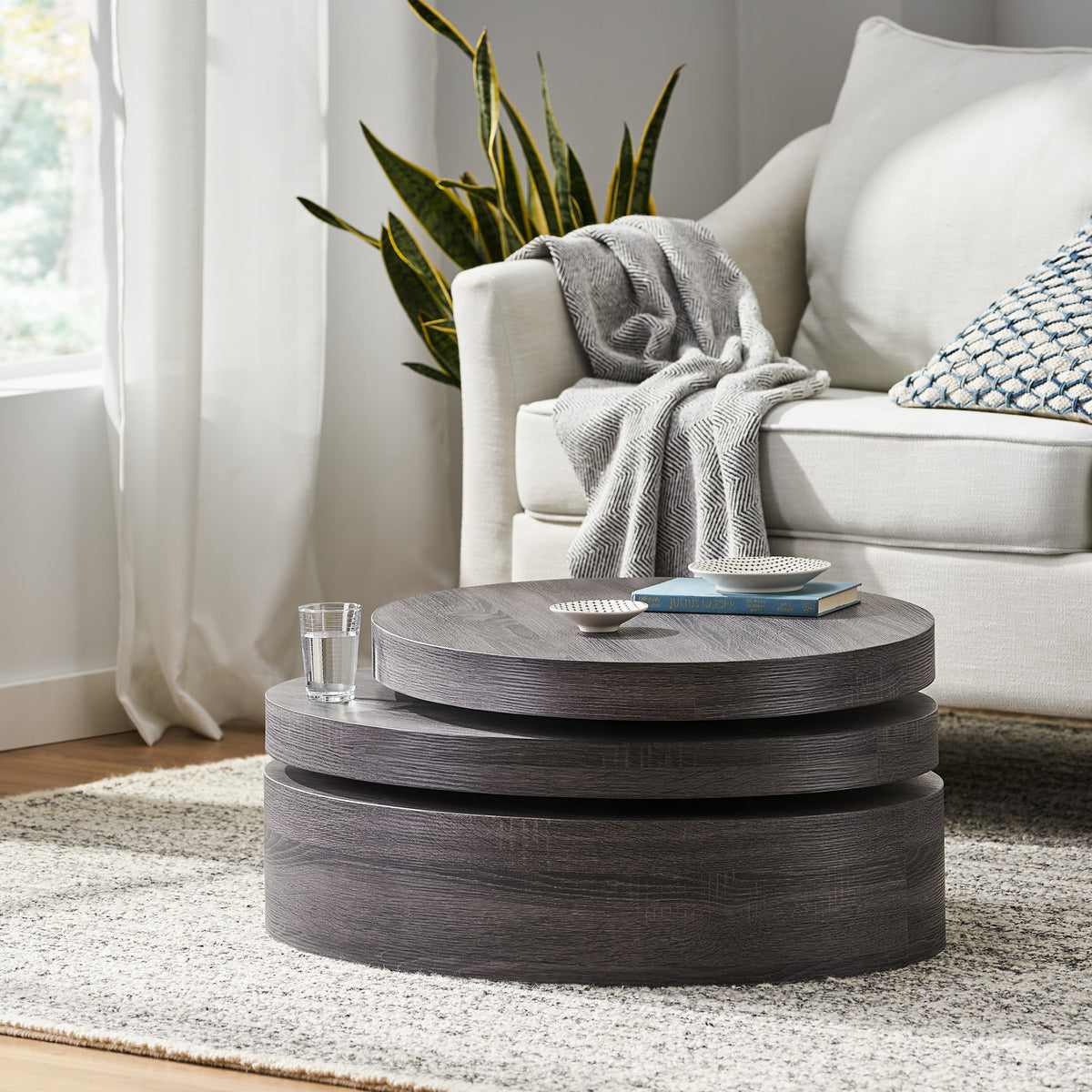 Modernesque Rotating Coffee Table – Oval Mod Coffee Table with 3 Surfaces, Matte Black