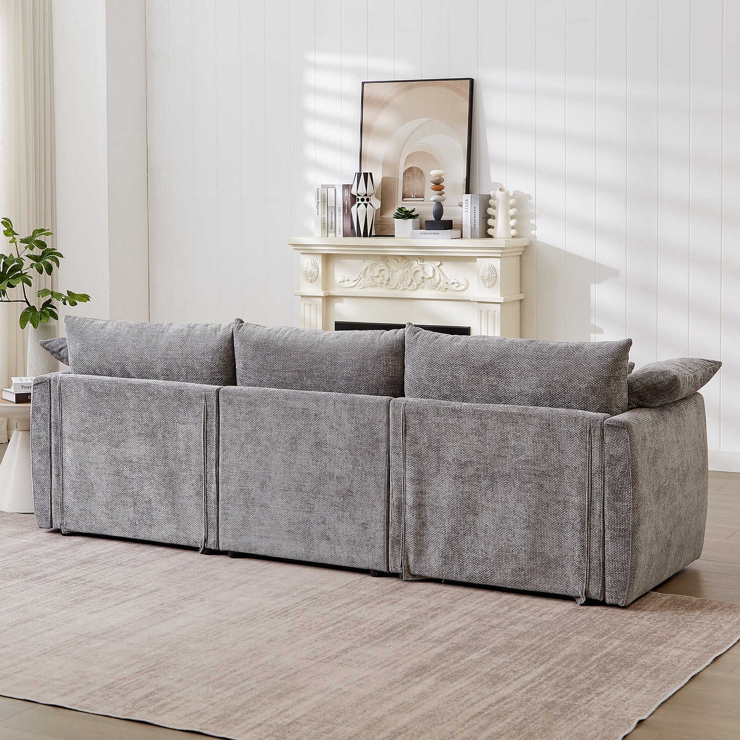3-seater sofa with unique design and soft arm pillows Contemporary style linen sofa with 3 comfortable cushions with 2 pillows