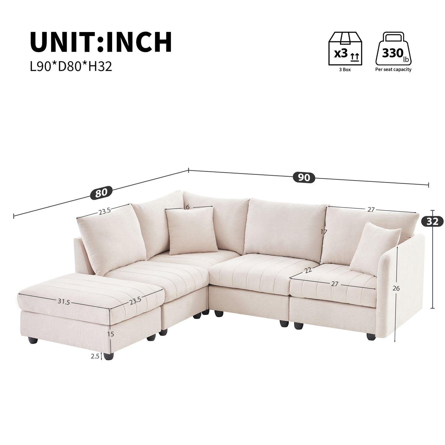 89*79" Modern Sectional Sofa with Vertical Stripes: 5 - Seat Couch, Convertible Ottoman, 2 Pillows - Ideal for Living Room & Apartment