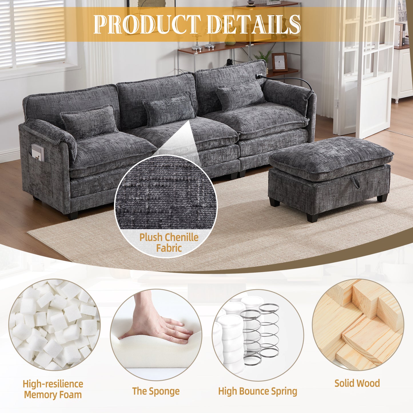 Modern Chenille L Shaped Couch, Comfy Boucle Modular Sofa Sleeper with Movable Storage Ottoman, Phone Holder, USB Charging Port